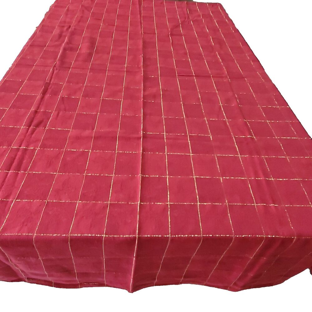 Cotton Tablecloth Brick Red Holly Jacquard Shiny Gold Check 54x72" Holidays